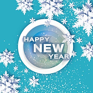 Origami Snowfall. Happy New Year Greetings card.. Merry Christmas. White Paper cut snow flake. Winter snowflakes. Circle