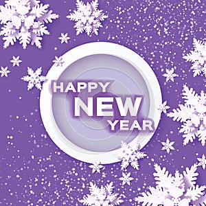 Origami Snowfall. Happy New Year Greetings card.. Merry Christmas. White Paper cut snow flake. Winter snowflakes. Circle