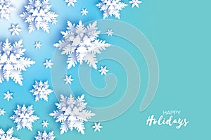 Origami Snowfall. Merry Christmas Greetings card. White Paper cut snow flake. Happy New Year. Winter snowflakes