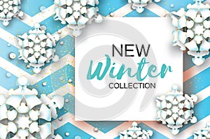 Origami Snowfall. Merry Christmas Greetings card. White Paper cut snow flake. Happy New Year. Winter snowflakes. Square