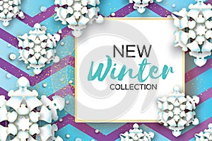 Origami Snowfall. Merry Christmas Greetings card. White Paper cut snow flake. Happy New Year. Winter snowflakes. Square