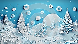 origami snowflakes tree illustration blue winter merry christmas paper art background. Generative AI.