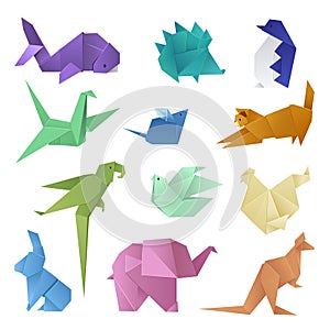 Origami style of different paper animals geometric game japanese toys design and asia traditional decoration hobby game