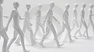 Origami-style white human figures walking in unison on a plain white background, symbolizing uniformity and movement photo