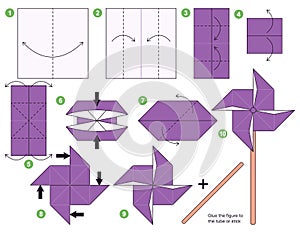 Origami tutorial for kids. Origami cute Windmill toy.