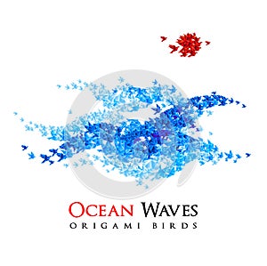 Origami waves shaped from flying paper birds - vector