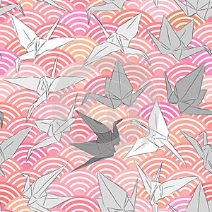 Origami white grey paper cranes set sketch seamless pattern. line Nature oriental background with japanese wave circle pattern pin