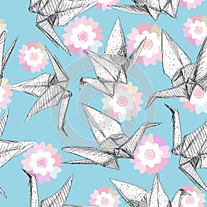 Origami white paper cranes set sketch seamless pattern. gray line Nature oriental background with japanese Sakura flowers pastel c