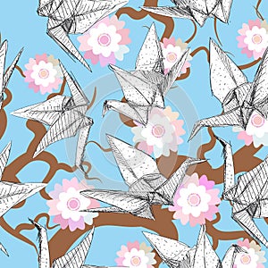 Origami white paper cranes set sketch seamless pattern. gray line Nature oriental background with japanese Sakura flowers pastel c