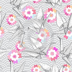 Origami white paper cranes set sketch seamless pattern. gray line Nature oriental japanese pink Sakura flowers wave circle pattern