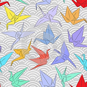 Origami white paper cranes set sketch seamless pattern. line Nature oriental background with japanese wave circle pattern red yell