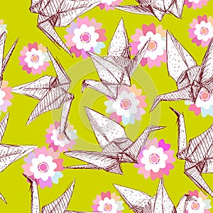 Origami white paper cranes set sketch seamless pattern. Nature oriental background with japanese Sakura flowers and birds pastel c