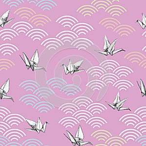 Origami white paper cranes sketch seamless pattern. black blue yellow line on lilac Nature oriental background with japanese wave