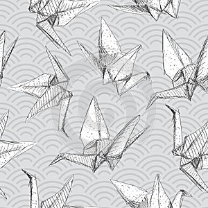 Origami white paper cranes sketch seamless pattern. line on Gray black Nature oriental background with japanese wave circle. Can