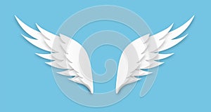Origami wings. White paper cut angel logo, flying feathers decoration of heaven bird, layered papercut shape, freedom