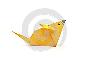 Origami yellow mouse on the white background