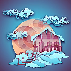 Origamy house with moon on night sky. Vector