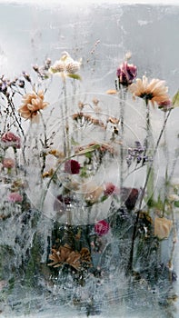 Frozen flowers in iceblock at the Icehotel of Jukkasjarvi near Kiruna in Sweden in winter photo