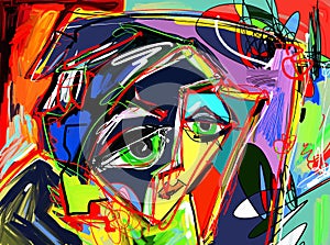 Original abstract digital painting of human face, colorful compo