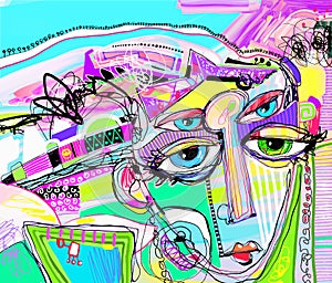 Original abstract digital painting of human face, colorful compo