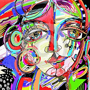 Original abstract digital painting of human face, colorful compo