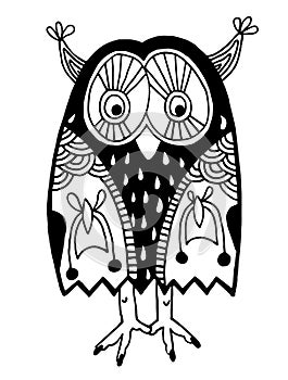 Original artwork of owl, ink hand drawing in