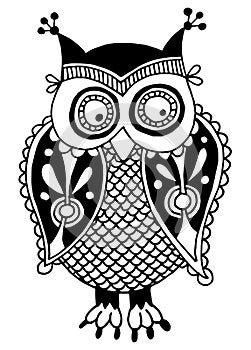 Original artwork of owl, ink hand drawing in