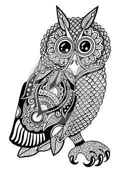 Original artwork of owl, ink hand drawing in photo