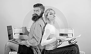 Original authentic attribute writer. True autor authentic equipment. Colleagues different work approach. Couple writers photo