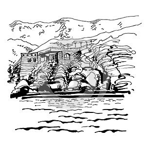 Original black and white sketch drawing of Sveti Stefan island