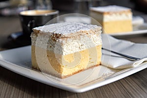 Cremeschnitte on white plate