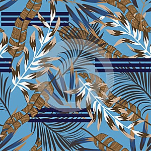 Original bright seamless pattern with colorful tropical leaves and plants on blue background. Vector design. Jungle print. Floral