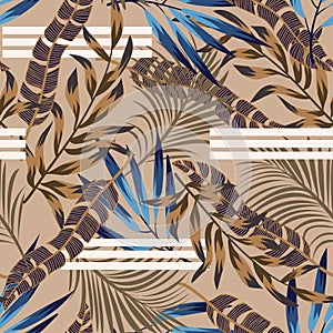 Original bright seamless pattern with colorful tropical leaves and plants on brown background. Vector design. Jungle print. Floral