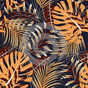 Original bright seamless pattern with colorful tropical leaves and plants on a dark background. Vector design. Jungle print. Flora