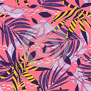 Original bright seamless pattern with colorful tropical leaves and plants on pink background. Vector design. Jungle print. Floral