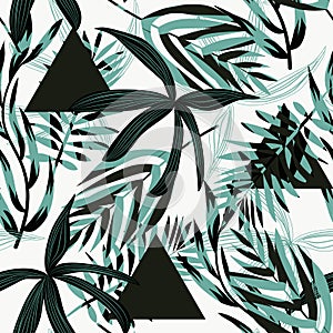 Original bright seamless pattern with colorful tropical leaves and plants on white background. Vector design. Jungle print. Floral