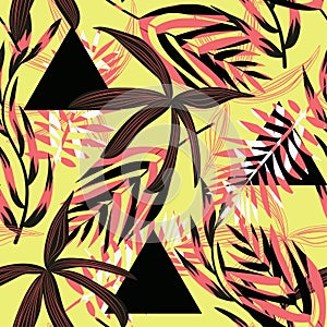 Original bright seamless pattern with colorful tropical leaves and plants on yellow background. Vector design. Jungle print. Flora