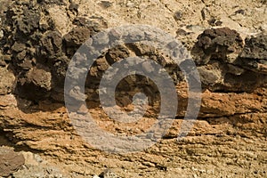 Original brown natural background of volcanic congealed lava in close-up
