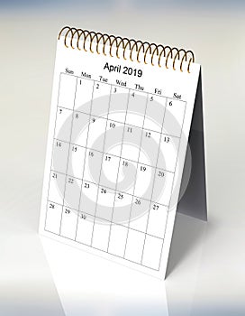 The original calendar for April, 2019. The beginning of week â€“ Sunday