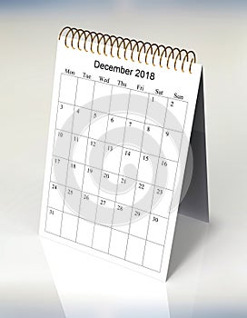 The original calendar for December, 2018. The beginning of week â€“ Monday