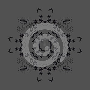 Original cat heads around a clock, with cat paws. Nine hours, nine lives. Pattern. Color grey. Vector illustration.