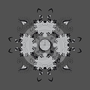 Original cat heads around a clock, with cat paws. Nine hours, nine lives. Pattern. Color grey. Vector illustration.