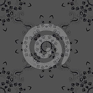 Original cat heads around a clock, with cat paws. Nine hours, nine lives. Seamless pattern. Color grey. Vector illustration.