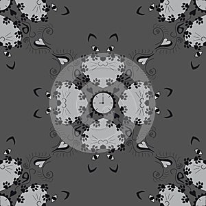 Original cat heads around a clock, with cat paws. Nine hours, nine lives. Seamless pattern. Color grey. Vector illustration.