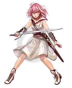 Cute original character design of fantasy female girl warrior or swordswoman magic fencer knight named Lenaria in Japanese manga photo