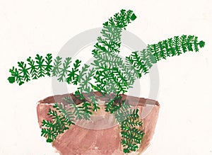 Original child painting of fern in flowerpot