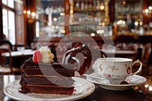 Original chocolate torte on the plate, selective focus