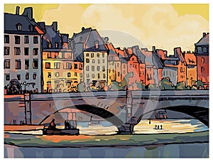 Original colorful representation of Pont Neuf and the River Seine in Paris, France