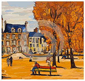 Original composition in red and yellow about Place des Vosges in Paris