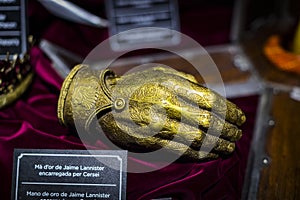 Original costumes of actors and props from the movie `The Game of Thrones` in the premises of the Maritime Museum of Barcelona.